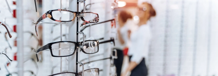 Eye Doctor Pasco WA Eyeglass Display An eyeglasses display inside of a brightly lit optometry office where patients can try on frames